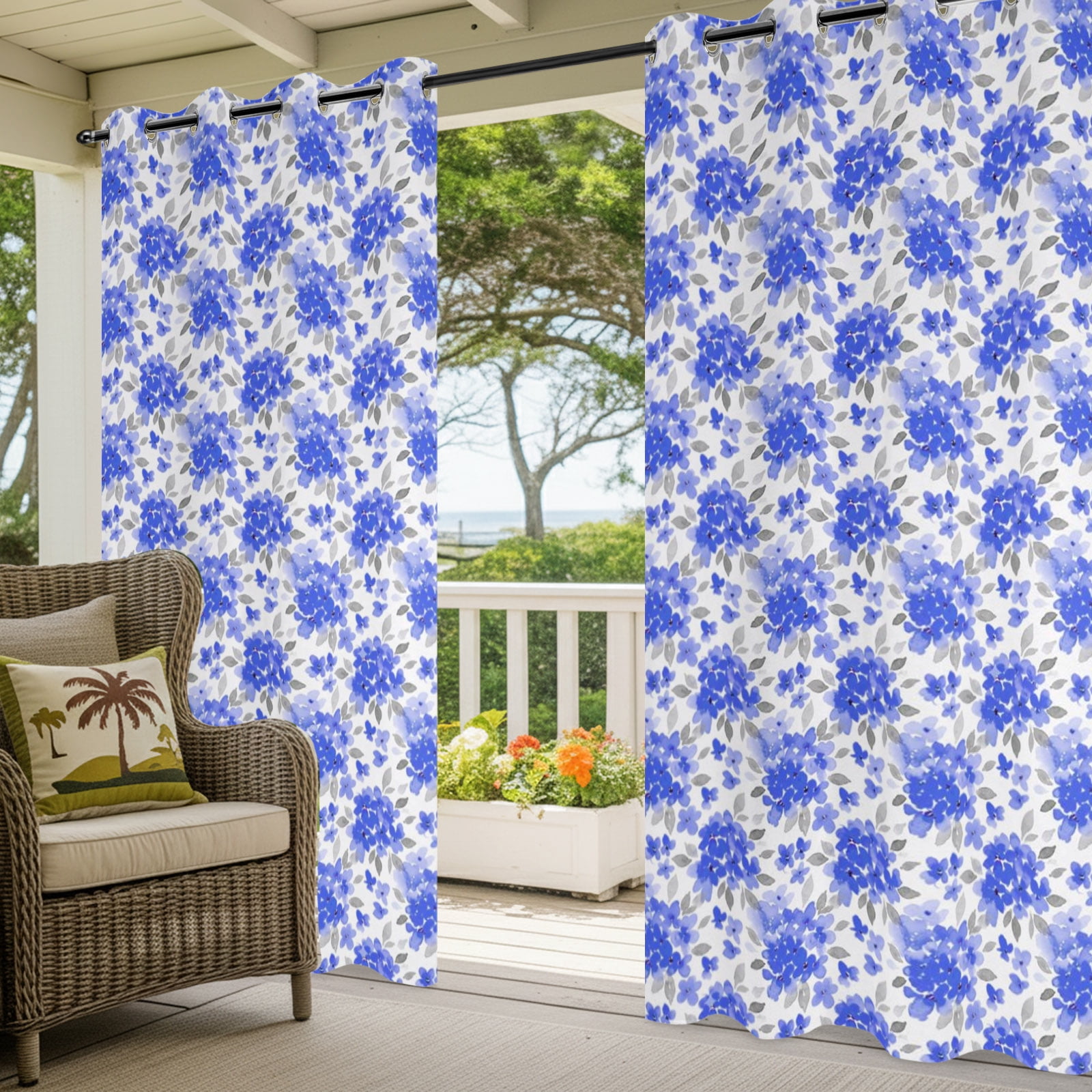 Blue Floral Outdoor Curtains for Patio, Farmhouse Watercolor Flower Leaf Sunshade Privacy Drapes Grommet Waterproof Outside Curtains for Porch/Cabana/Balcony 54"x 108", 1 Panel