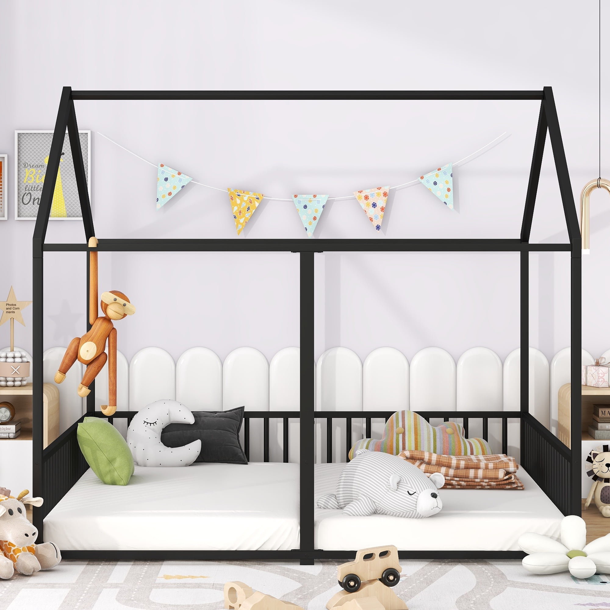 Euroco Metal Twin Size House Canopy Bed, 2-in-1 Beds for Kids Room, Black