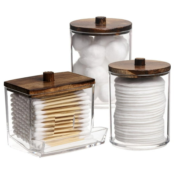 Bathroom Storage Set for Qtips Cotton Balls, 3-Piece Clear Plastic Jars with Natural Wood Lids, 7oz and 10oz Dispensers Brown