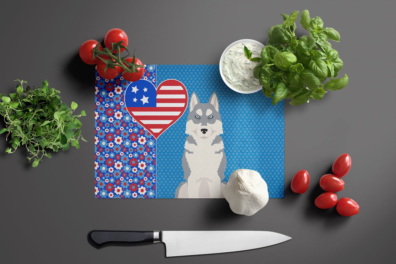 Grey Siberian Husky Glass Cutting Board Large 12 in x 15 in