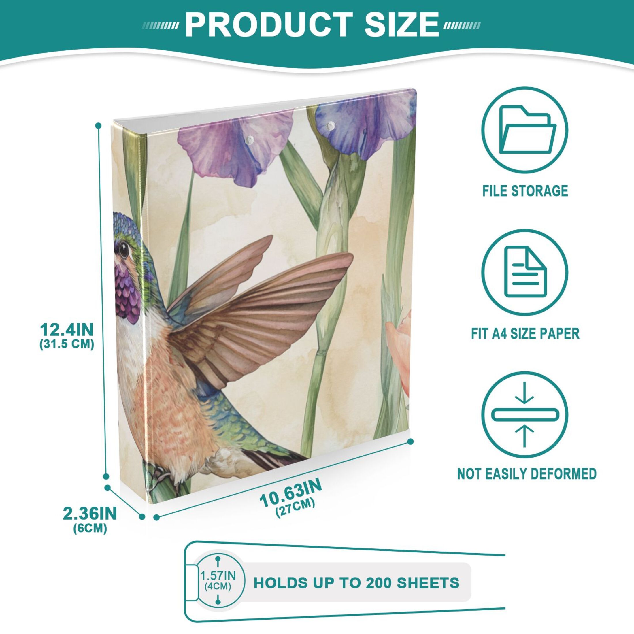 Hummingbirds Irises 3 Ring Binders 1.5 inch Hardcover File Folders with Interior Pockets A4 Size Organizer for School Office Hospital