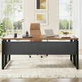thumbnail image 3 of Tribesigns 63-In Computer Desk with Storage Shelf, Home Office Desk Writing Table for Workstation, Steel Leg, Cabinet not Included (Walnut & Black, 63-inch-with-Shelf), 3 of 5
