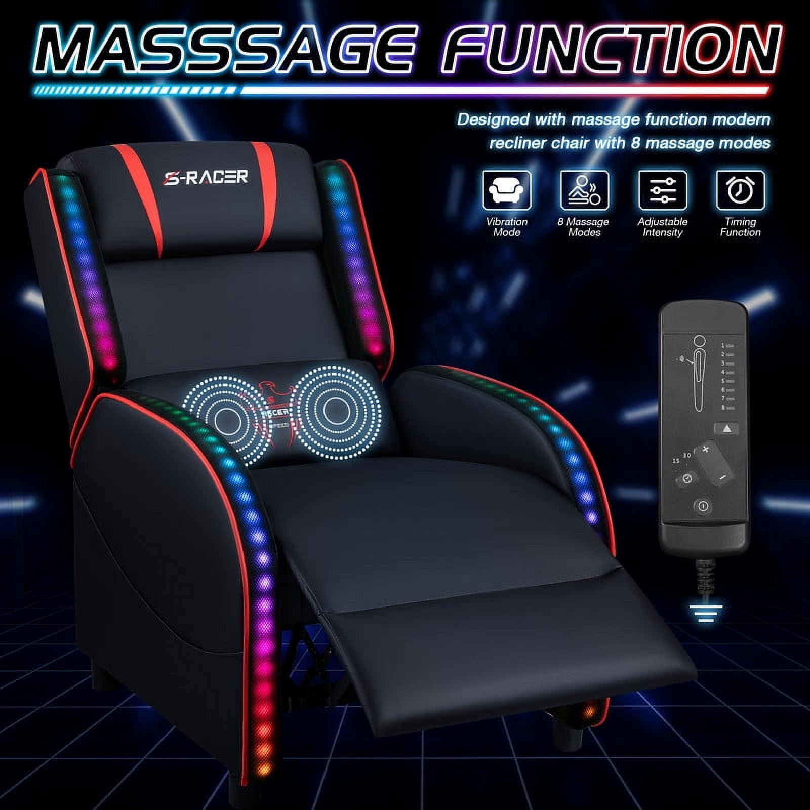 Furmax RGB LED Lights Gaming Massage Recliner Chair Racing Style Single Living Room Sofa Ergonomic Home Theater Seating with Massage Lumbar Support, Red