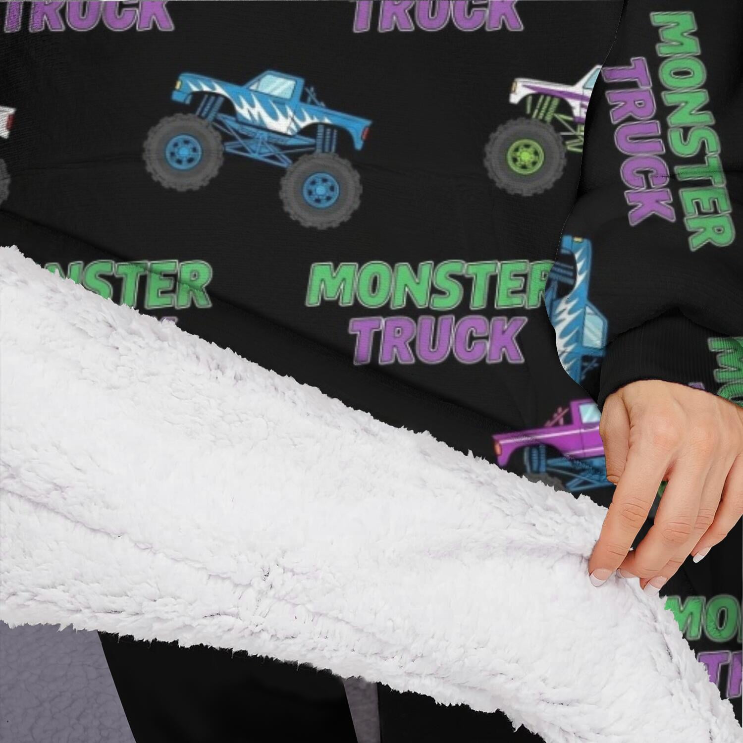 Oversized Wearable Blanket Hoodie,Black Monster Cartoon Trucks Pattern Sherpa Blanket Hoodie with Super Pockets,Super Warm Fuzzy Pullover for Women & Men