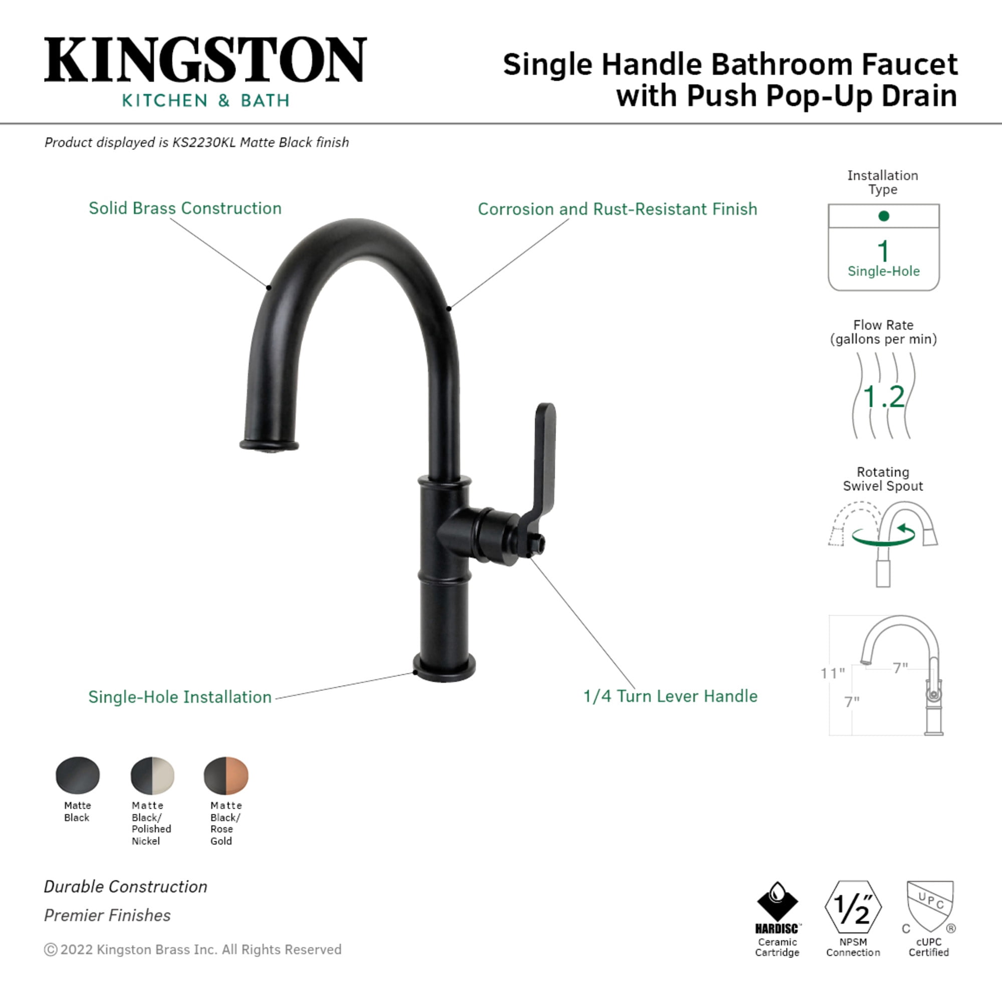 Kingston Brass KS2237KL Whitaker One-Handle Single-Hole Bathroom Faucet with Push Pop-Up Drain, Matte Black/Rose Gold