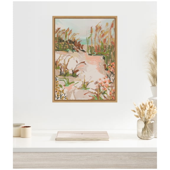 Kate and Laurel Framed Canvas Wall Art Print Sunrise Seascape by Annie Quigley, 18 x 24 Sylvie Natural Frame, Coastal, Abstract Art for Wall Decor