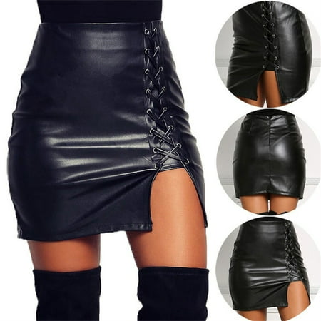 Fashion New Womens Sexy Bandage Leather Skirt High Waist Pencil Bodycon Short Mini