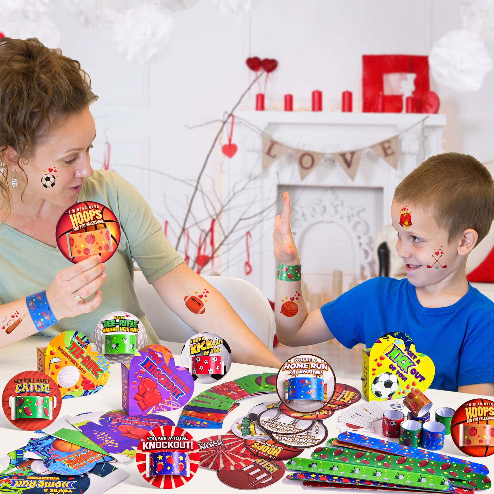 180 Pcs Valentines Day Cards with Slap Bracelets and Stickers with Heart Boxes for Kids, Classroom Valentines Party Favors for Kids, 6 Sports Elements Valentine Exchange Cards for Students