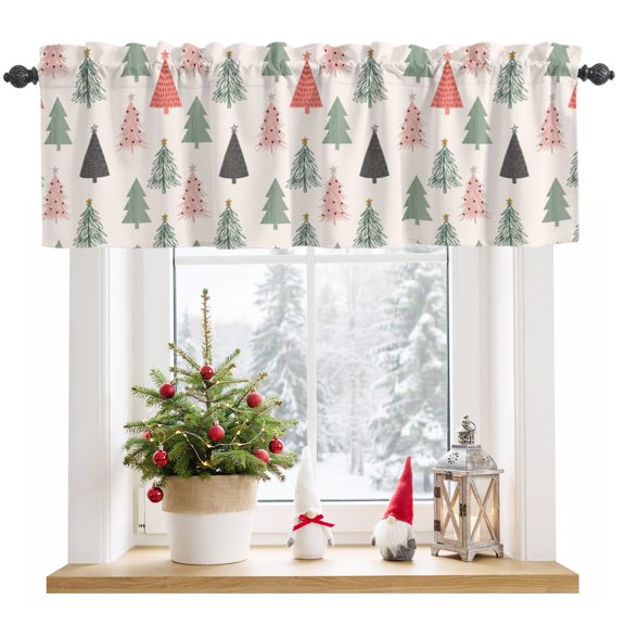 Winter Christmas Light Filtering Valance Curtains, Cottagecore Green Coral Pine Trees Rod Pocket Short Window Valance for Kitchen Bathroom Windows 1 Panel 42"x12"