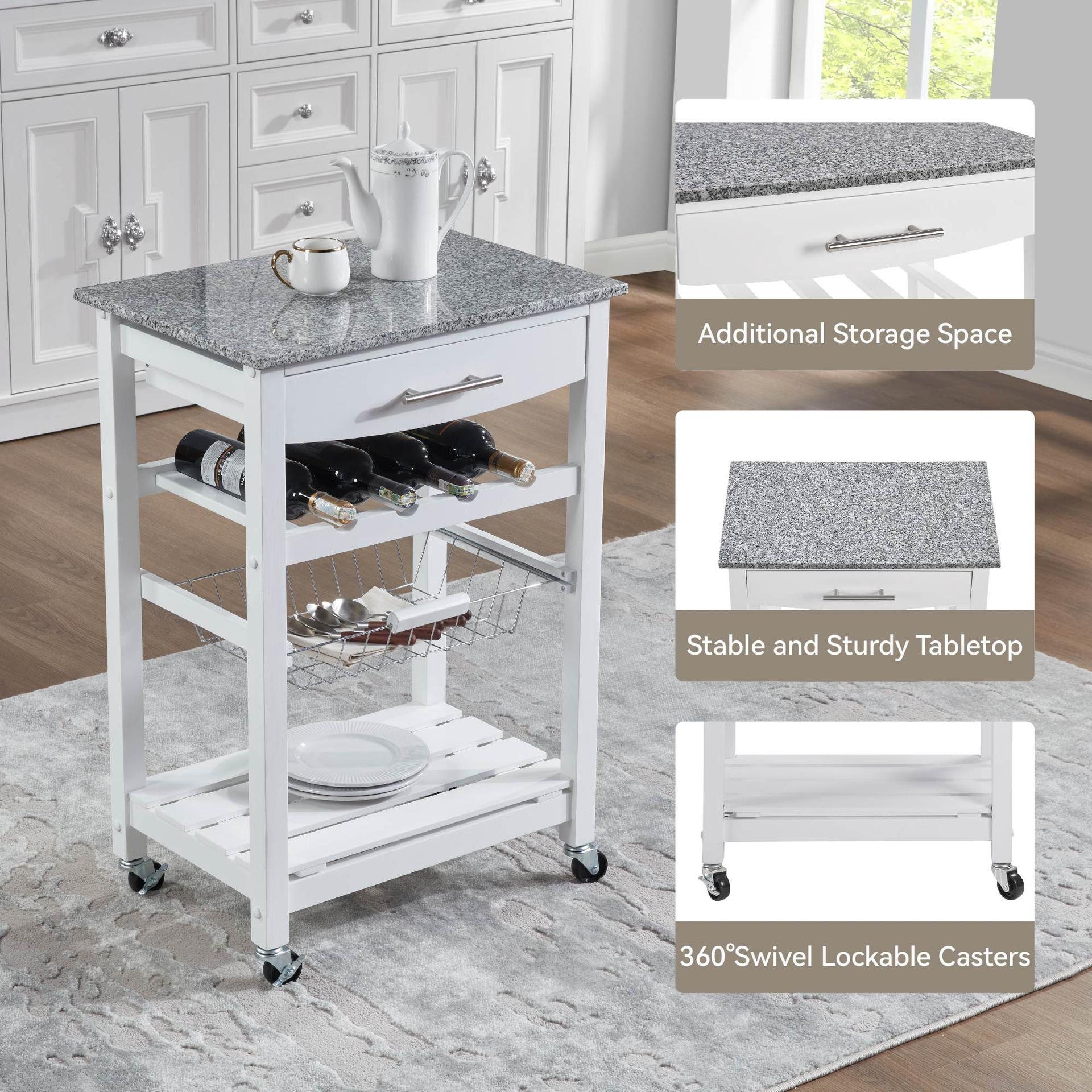 Mobile Rolling Kitchen Island Trolley Serving Cart with Underneath Drawer & Slide-Out Wire Storage Basket