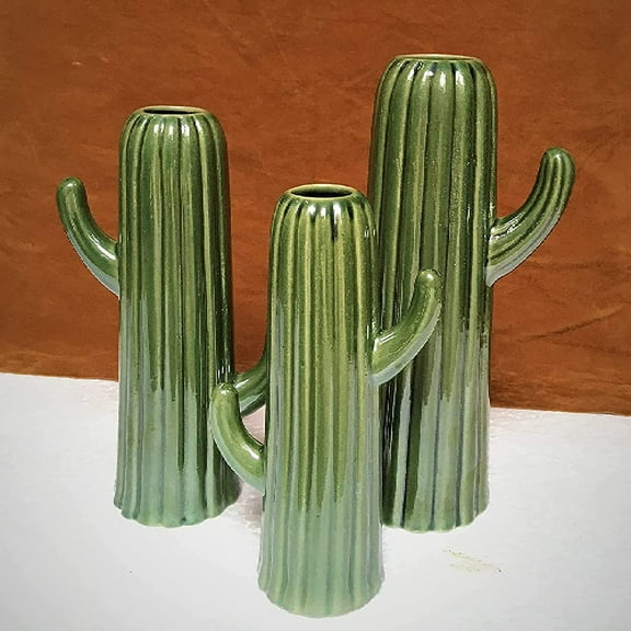 India Meets India Set of 3 Ceramic Cactus Design Vase [Green], Modern Minimalistic Vase for Pampas Dried Flowers Vase for Home Decoration/Living Room/Bedroom/Office/Table/Bookshelf, 10, 8.5 and 8 in