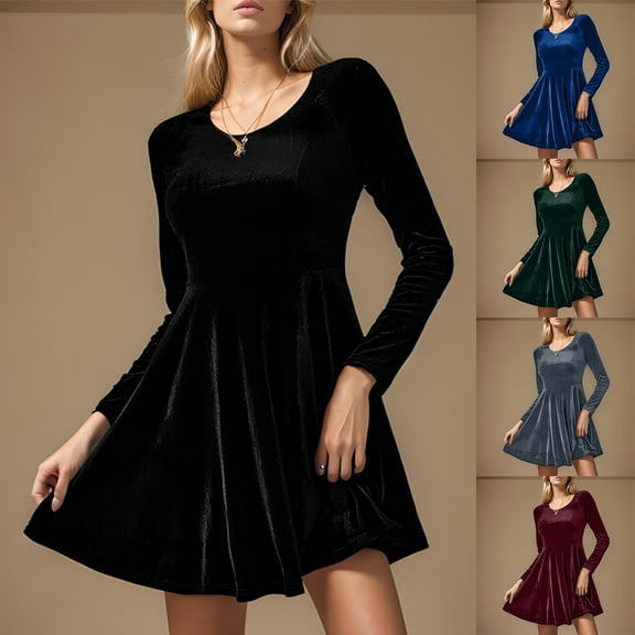 Fall Saving! HVOBTTY Women's Elegant A Line Dress, Fall Party Dresses for Women, Women's Casual Long Sleeve Crew Neck Long Sleeve Flowy Velvet Midi Dress Green, XXL