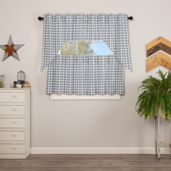 VHC Brands Sawyer Mill Blue 4 PC Plaid Curtain Set (2 Swag 36x16 and 2 Tier 24x36)
