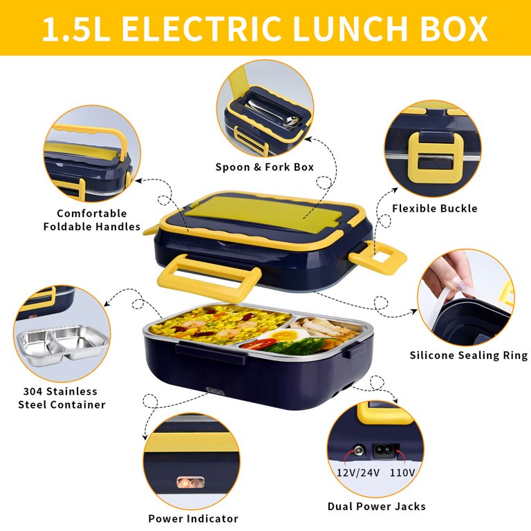 Leak-Proof Electric Lunch Box Food Warmer - 1.5L Stainless Steel Container,  110V/12V for Truckers & Home - Upgraded Version with Removable Container
