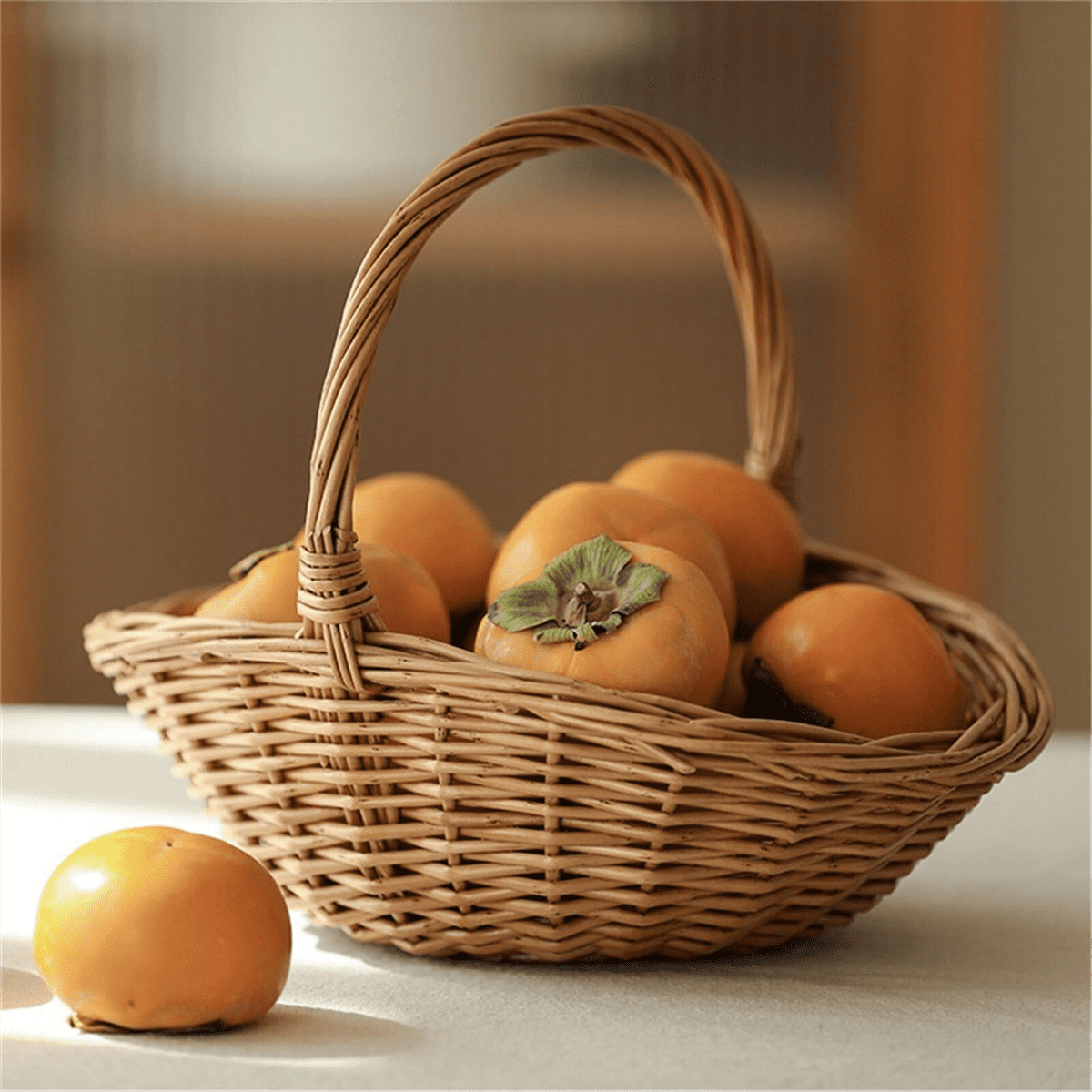 Wicker Basket with Handle, Wicker Shopping Basket, Gift Hamper Basket, Picnic Baskets, Kitchen Stora wood color wicker
