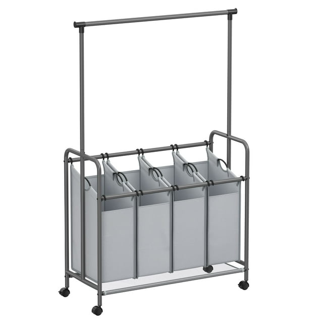 SONGMICS Trieur de Lessive à 4 Sections, Chariot à Lessive Roulant avec Barre Suspendue, Robuste, Gris