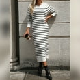 thumbnail image 3 of IDOPIP Womens 2024 Fall Striped Sweater Dresses Long Sleeve Crew Neck Slim Knit Midi Dress S White, 3 of 7
