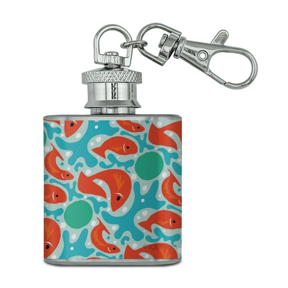 Artsy Orange Fishes on Blue Pattern Stainless Steel 1oz Mini Flask Key Chain