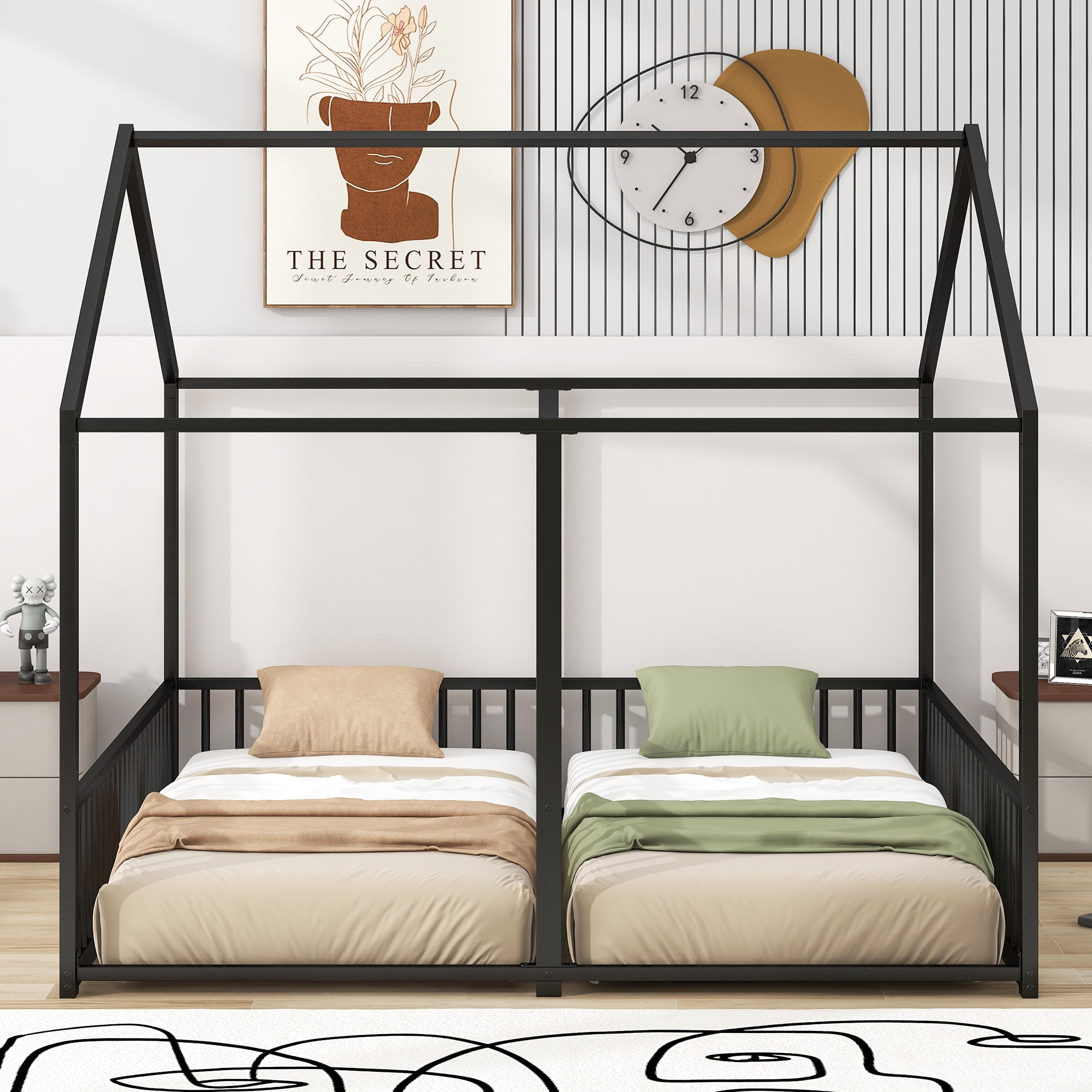 Harper & Bright Designs Metal Twin Size House Bed, Double Floor Platform Beds Frame with Rails for Girls Boys, Black