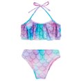 thumbnail image 3 of TiaoBug Girls 2 Pcs Mermaid Bikini Sets Shiny Halter Ruffles Crop Top with Triangle Brief Bathing Suit Tankini Pink Blue B 130, 3 of 5
