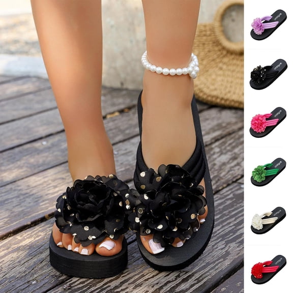 YHAJDS Women's Flip Flops Slippers Toe Post Floral Embellishment Comfort Flat Sandals Summer Vacation Outdoor Shoes