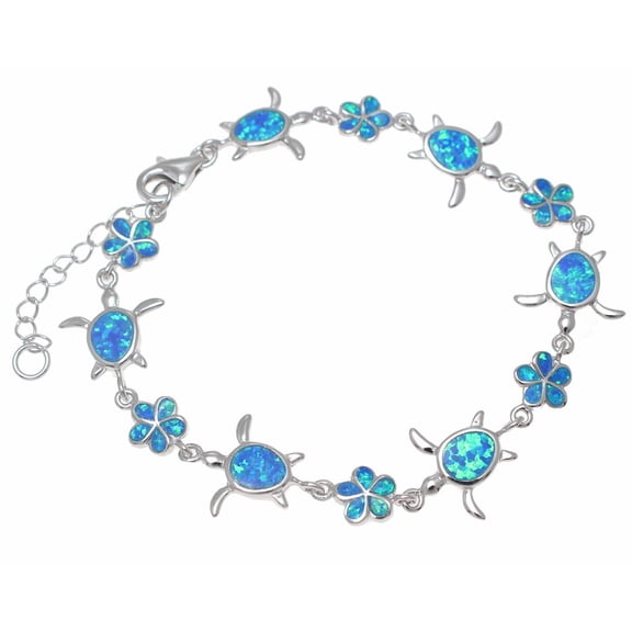 925 sterling silver blue synthetic opal Hawaiian plumeria flower honu turtle bracelet 7.5"