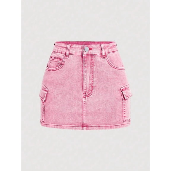 Womens Pink Denim Mini Skirt With Cargo Flap Pockets And Button Front