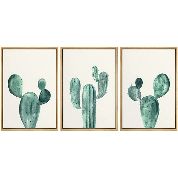 wall26 Framed Canvas Print Wall Art Set Southwest Desert Green Saguaro Cactus Nature Wilderness Illustrations Modern Art Bohemian Decorative for Living Room, Bedroom, Office - 16"x24"x3 Nat