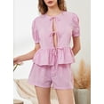 thumbnail image 3 of Musuos Women’s Summer Casual 2 Piece Outfits Puff Sleeve Tie Knot Front Tops + Elastic Waist Shorts Set Loungewear, 3 of 9