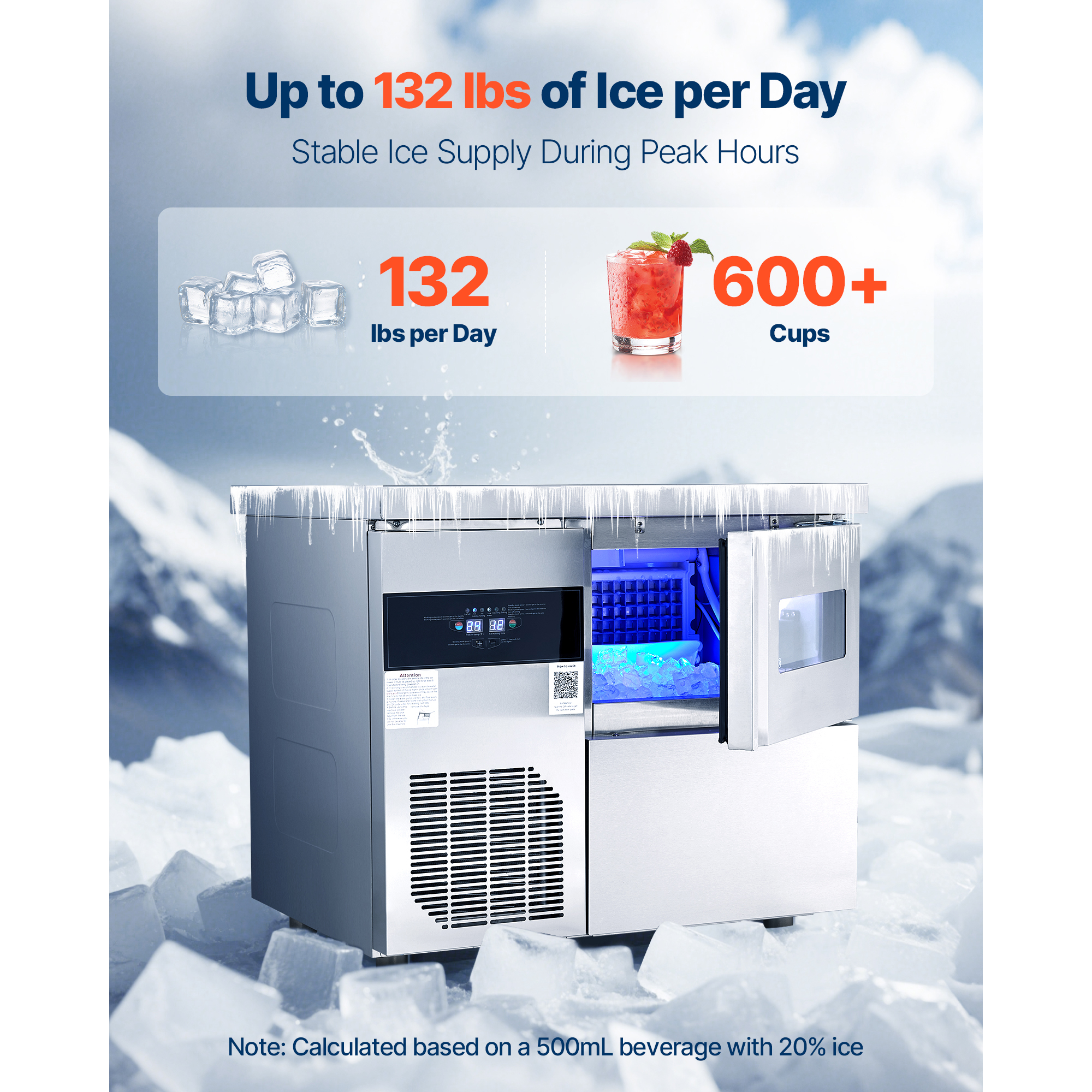 KFFKFF Commercial Ice Maker Machine, 132 lbs/24H Stainless Steel Ice Machine with Countertop, 30 lbs Storage & 70 Cubes Per Cycle, Self-Cleaning Freestanding Ice Maker for Home, Bar, Office