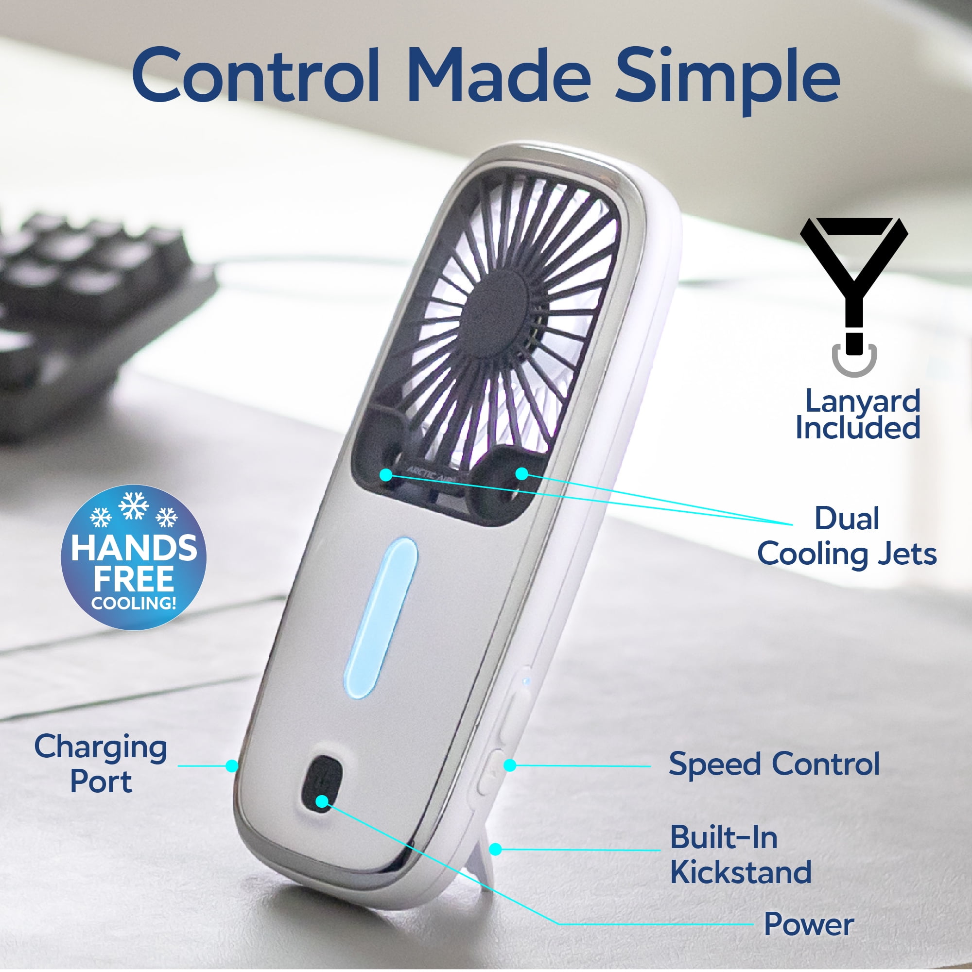 Arctic Air® Pocket Hand Fan, Portable Air Cooler, Dual Cooling Jets, Rechargeable, 3 Speeds
