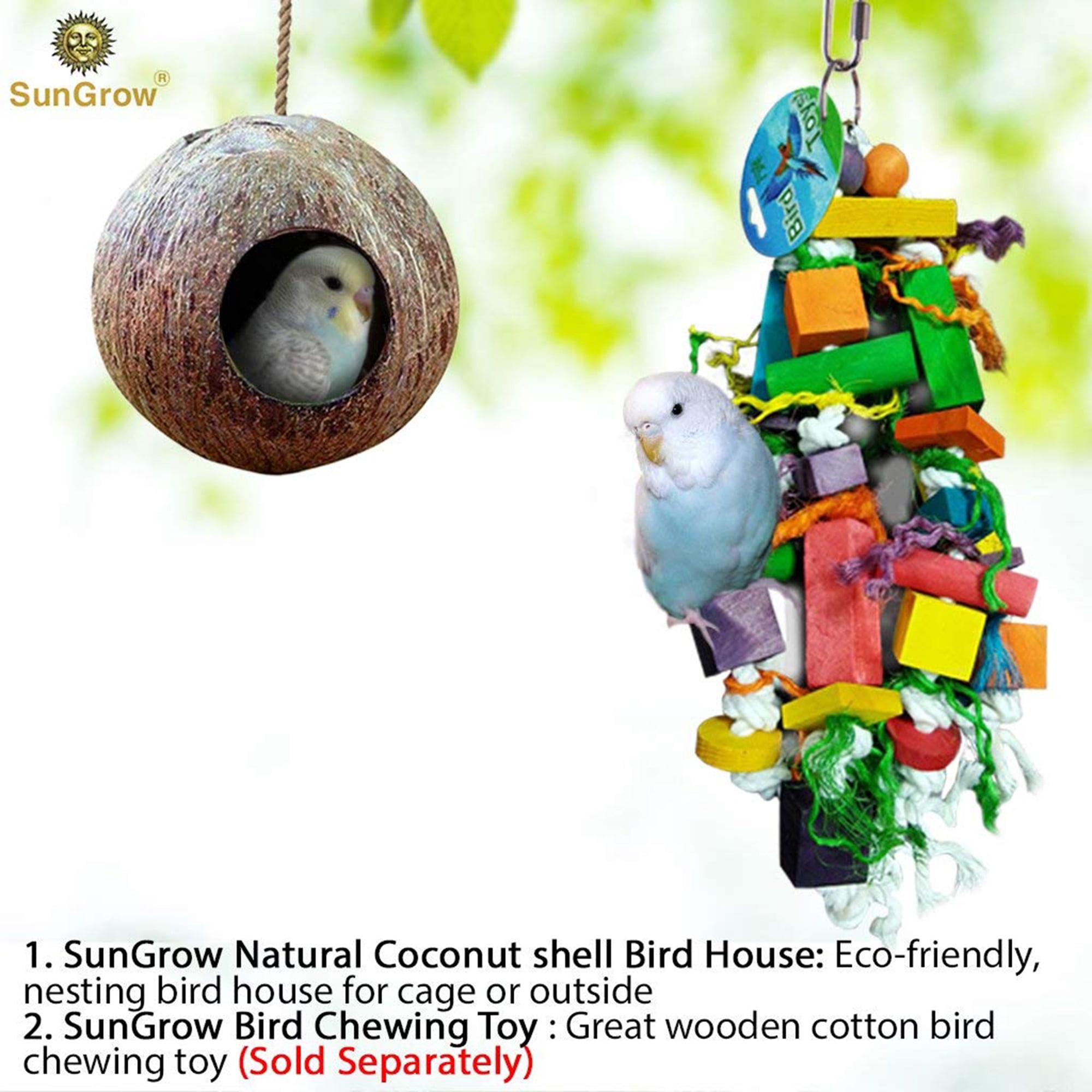 SunGrow Finch & Budgie Coconut Shell Breeding Nest & Bird Seed Storage, Shelter from Cold Weather & Tropical Garden Decor