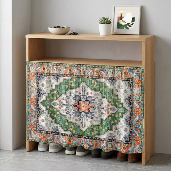 Green Boho Cabinet Curtain 35"Wx35"L, Dustproof Under Sink Skirt with Self Adhesive Tape, Ethnic Geometric Middle Century Art Cabinet Curtain Cover for Kitchen Sink, Bathroom Vanity, Laundry Room
