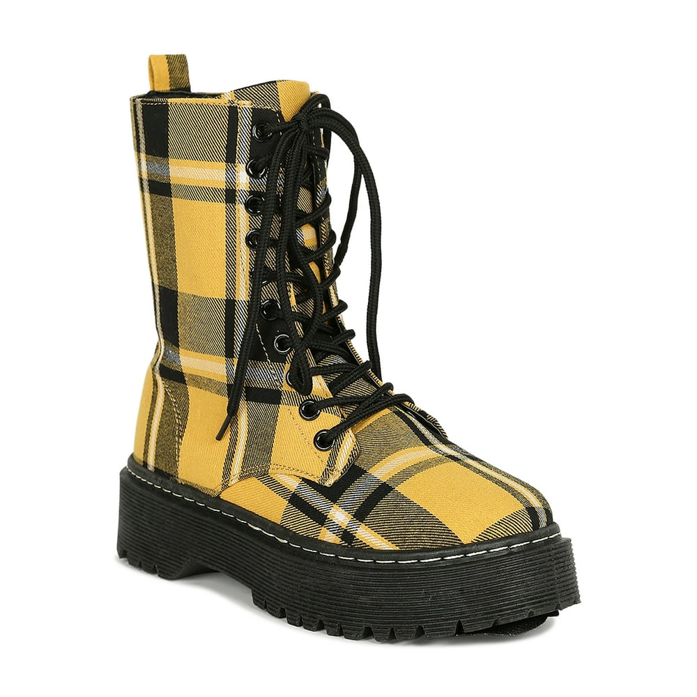 Unilady Women Plaid Round Toe Lace Up Combat Boot 19314