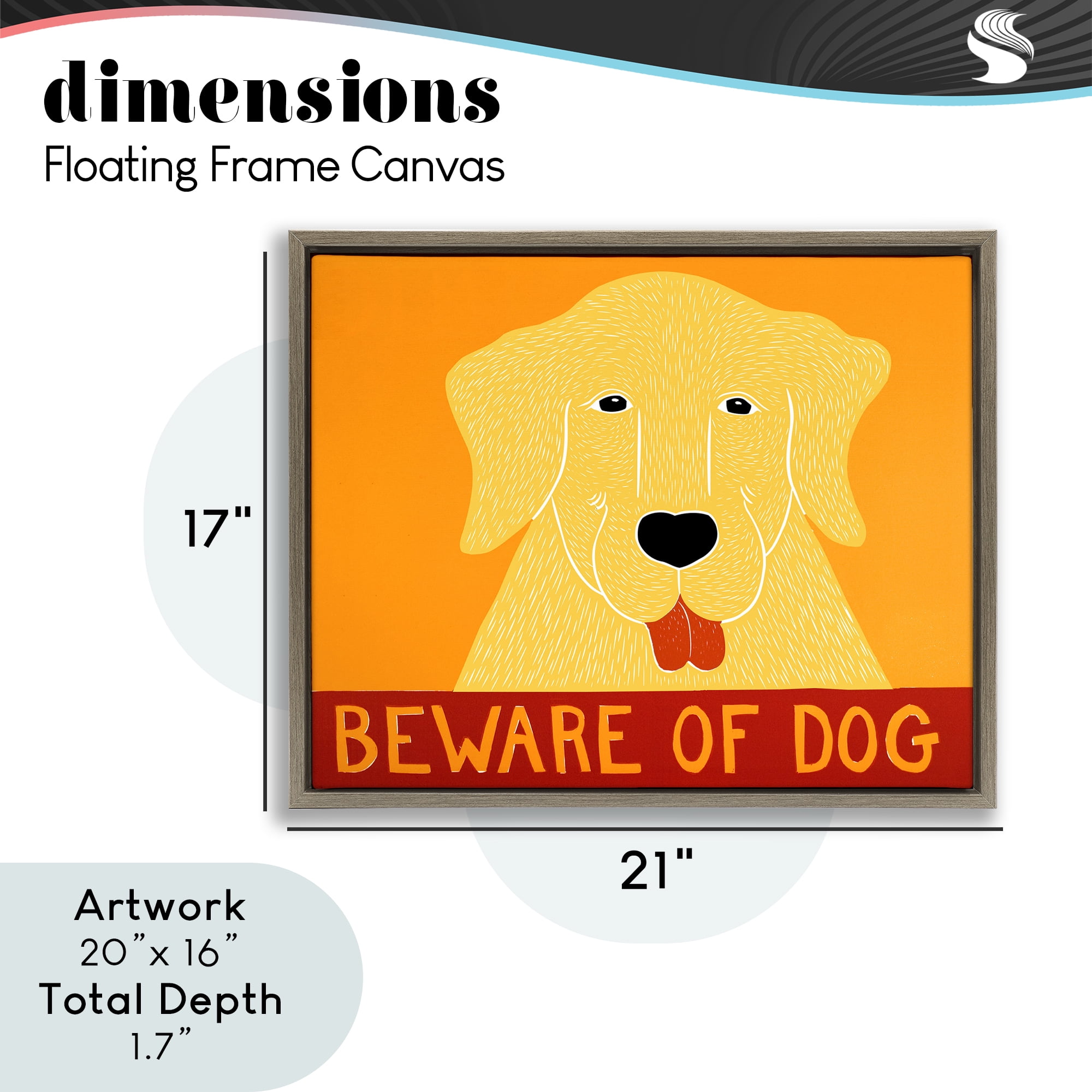 Beware Of Dog Yellow & Red Brown Framed Floater Canvas Wall Art, design by Stephen Huneck