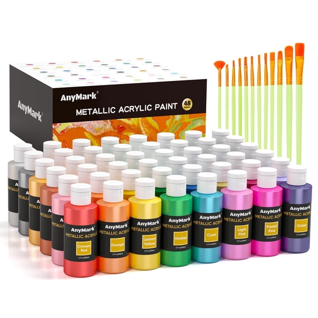 Pintura Acrílica Metálica AnyMark, 48 Colores con 12 Pinceles, Botellas de 60ml (2 fl oz), Set de Pintura Acrílica con Brillantina para Niños y Adultos en Lienzo, Roca y Madera