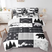 Manfei Jungle Bear Bedding Comforter Set 7pcs for Men, Woodland Wildlife Queen Bedding Sets, Rustic Farmhouse Patchwork Reversible Queen Sheet Sets, Lightweight Room Decor