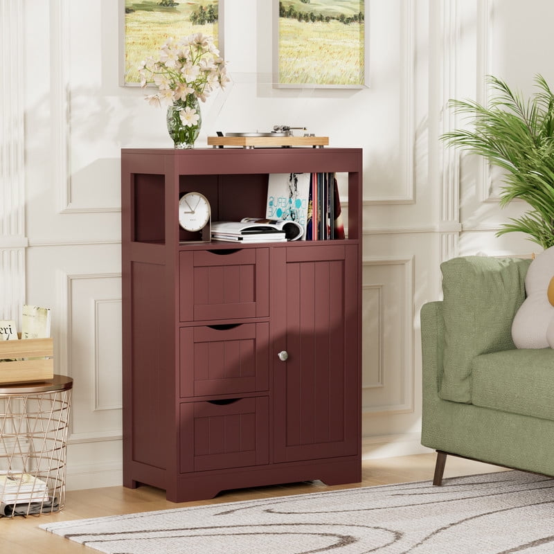 Lacoo Bathroom Floor Cabinet Wooden Storage Organizer with 1 Door, 3 Drawers & Adjustable Shelf Storage Cabinet for Kitchen Living Room Bathroom, Brown