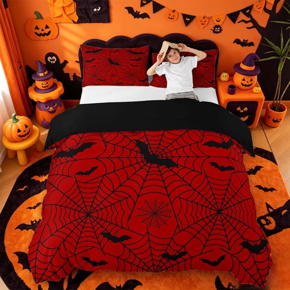 Homewish Gothic Halloween Spider Web Bedding,Bat Spooky Pattern Duvet Cover Full,Red Black,Black Reversible,3pcs,1 Duvet Cover and 2 Pillowcases