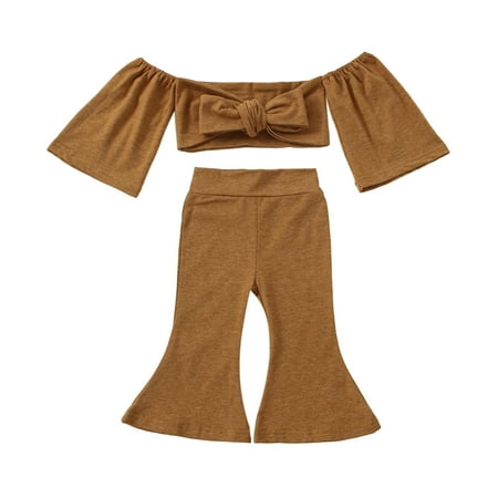 

JDEFEG Big Girls Sweat Tops Toddler Kids Baby Girls Off Shoulde Vest Tops Solid Bell Bottom Pants Outfits Set Clothes Summer Clothes Baby Headband Brown 90