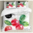 thumbnail image 1 of Fruit Queen Size Duvet Cover Set, Watercolor Cranberry with Grunge Paint Marks Fresh Fruit Arrangement, Decorative 3 Piece Bedding Set with 2 Pillow Shams, Green Dark Coral and Black, by Ambesonne, 1 of 3