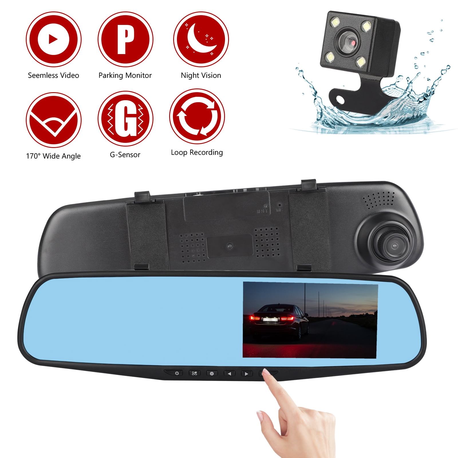 Car DVR Dual Lens Camera Rearview Mirror 4.3”Monitor Video Recorder Night Vision 