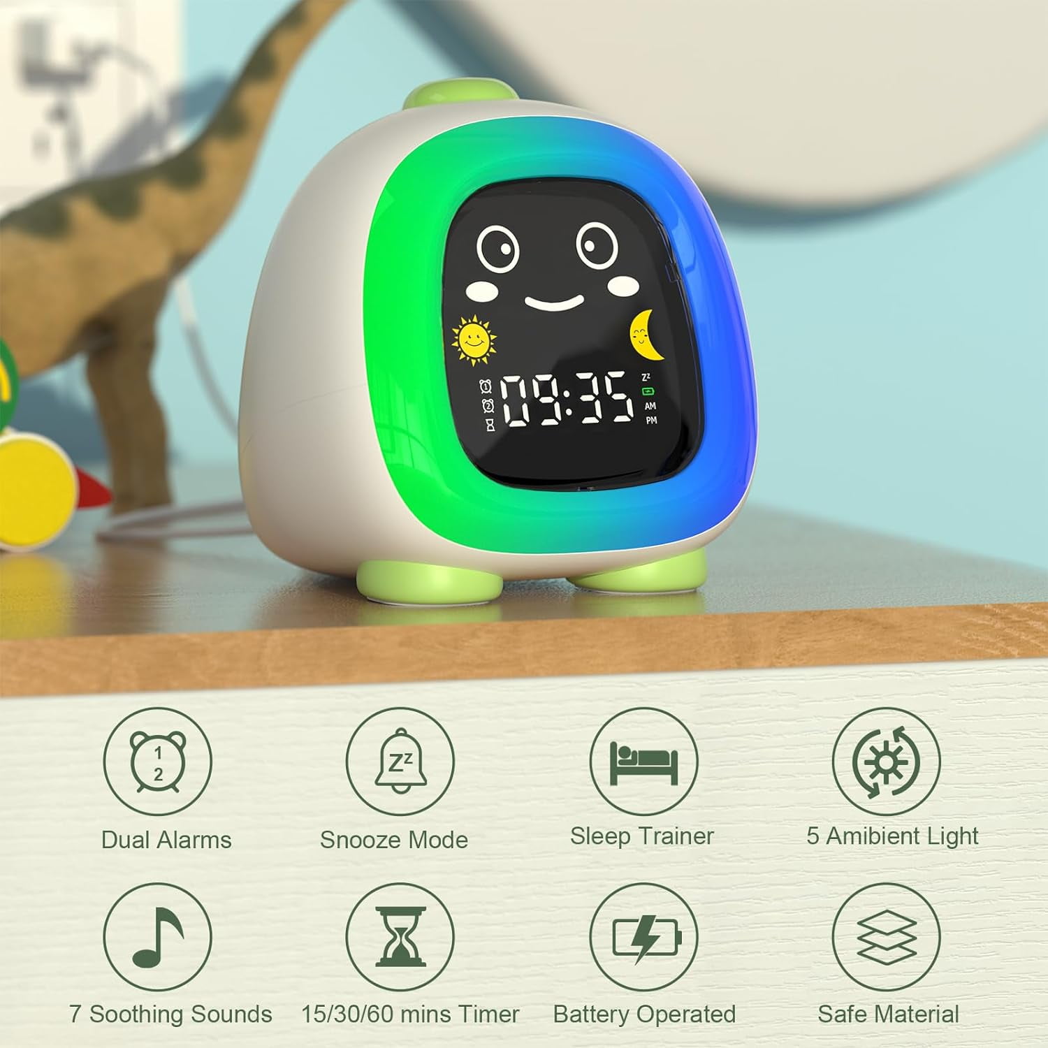 Hansang Kids Alarm Clock with 6-Color Night Light, Sleep Training OK to Wake Clock with Timer, Cute Green Dinosaur Design for Boys and Girls