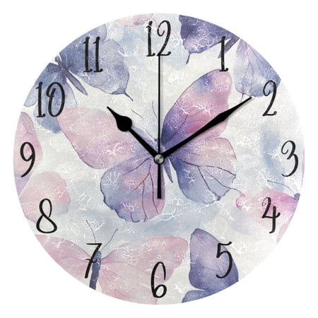 WOBOGO Purple Butterfly Wall Clock 10in Silent Mechanism Battery Operated Retro Style for Living Room Bedroom and Kitchen Black Pointer