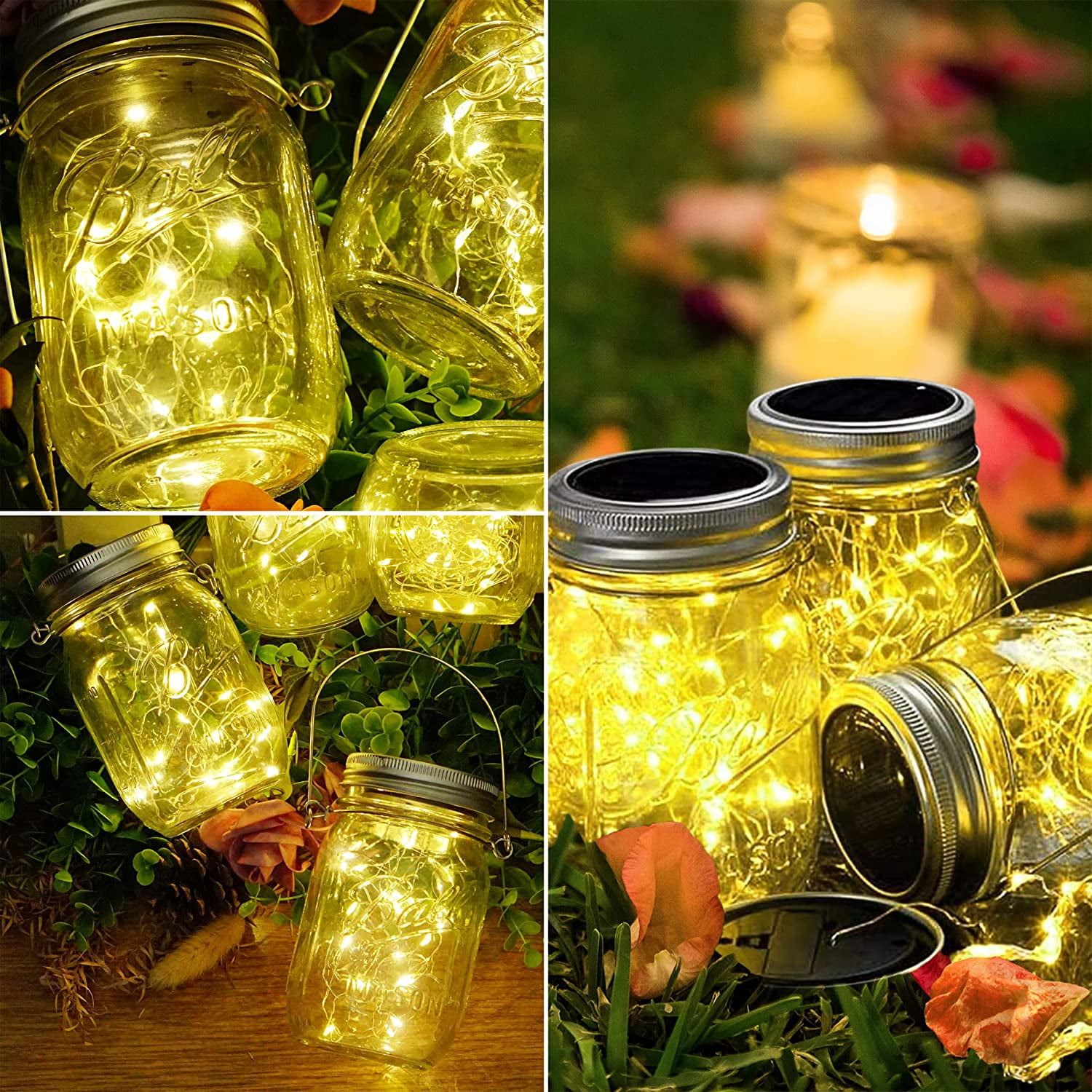 Soapow 6 Pack Mason Jar Solar Lights, 3m 30 LED Hanging Solar Mason Jar Lantern Outdoor, Waterproof Fairy Lights Solar Lamp with 6 Handles for Patio Garden Wedding Yard, Warm White (No Jars)