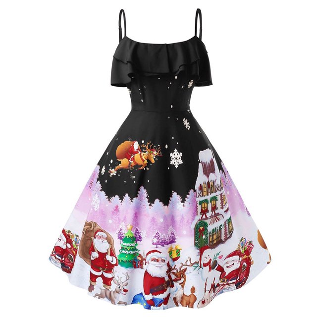 TJAZFJPA Longue Robe Noire Imprimé de Noël à Sequins Sans Manches Robe Père Noël Noël Cerf Patineuse Fête Robe de Collation des Grades Robe Dorée