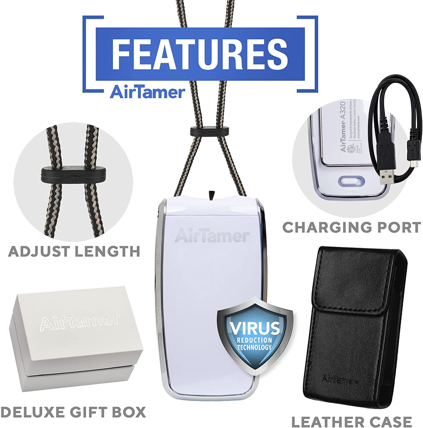AirTamer A320W Rechargeable Personal Air Purifier with Ionic Technology, Portable Wearable Air Cleaner, White with Leather Travel Case