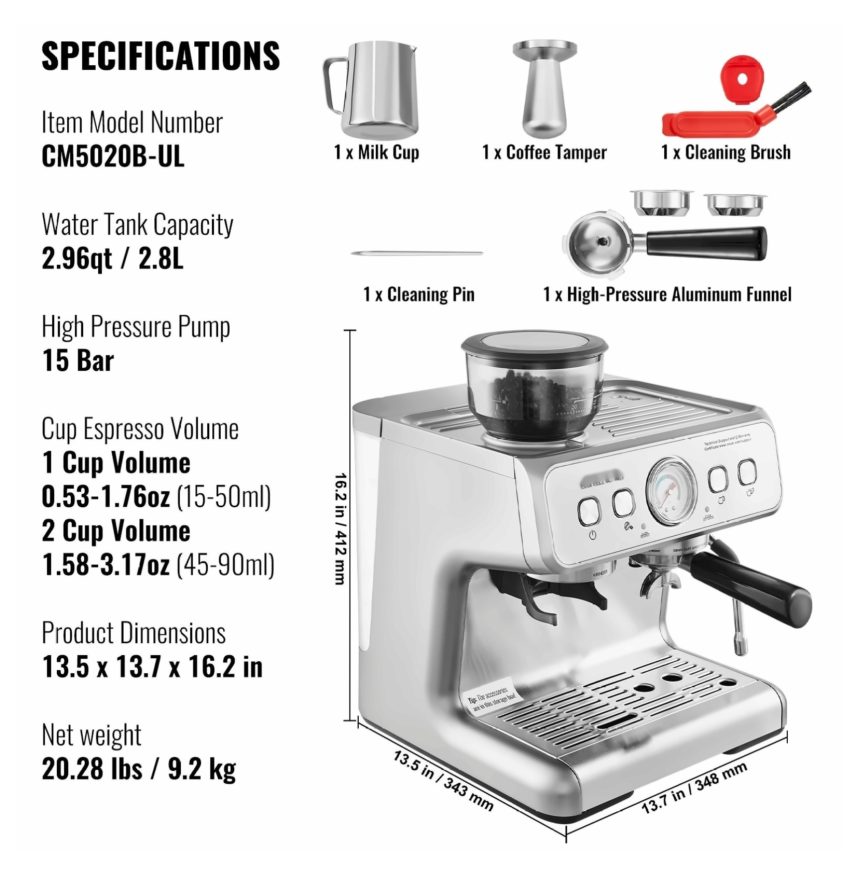 Espresso Machine with Grinder, 15 Bar Semi-Automatic Coffee Maker, Milk Frother, PID Control