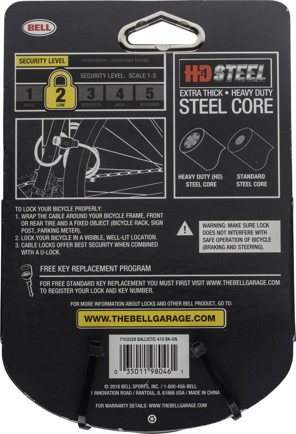 Bell Sports Ballistic 410 Key Cable Lock, 6 ft braided steel cable