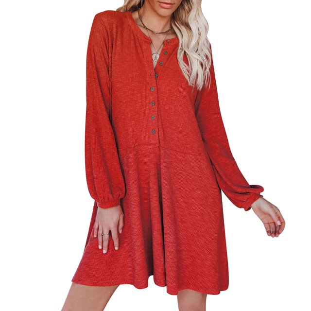 Vestido Puff Manga larga Cuello en V Botón Color puro Bolsillo Dobladillo suelto Vestido casual para mujer